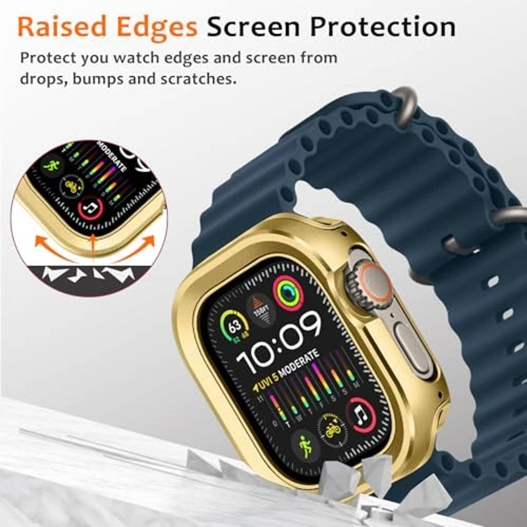 Rose gold metal smartwatch case with raised edges for screen protection