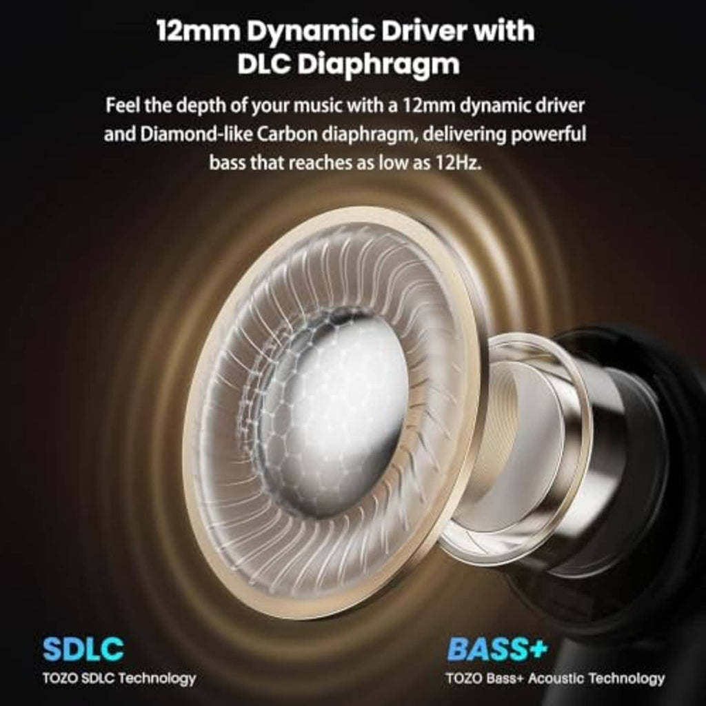 Pink earbuds with close-up driver diaphragm cross-section graphic