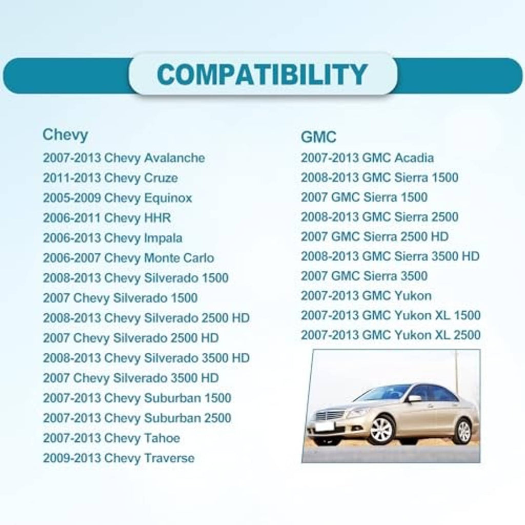 Vehicle compatibility graphic with seat switch replacement list and small car photo