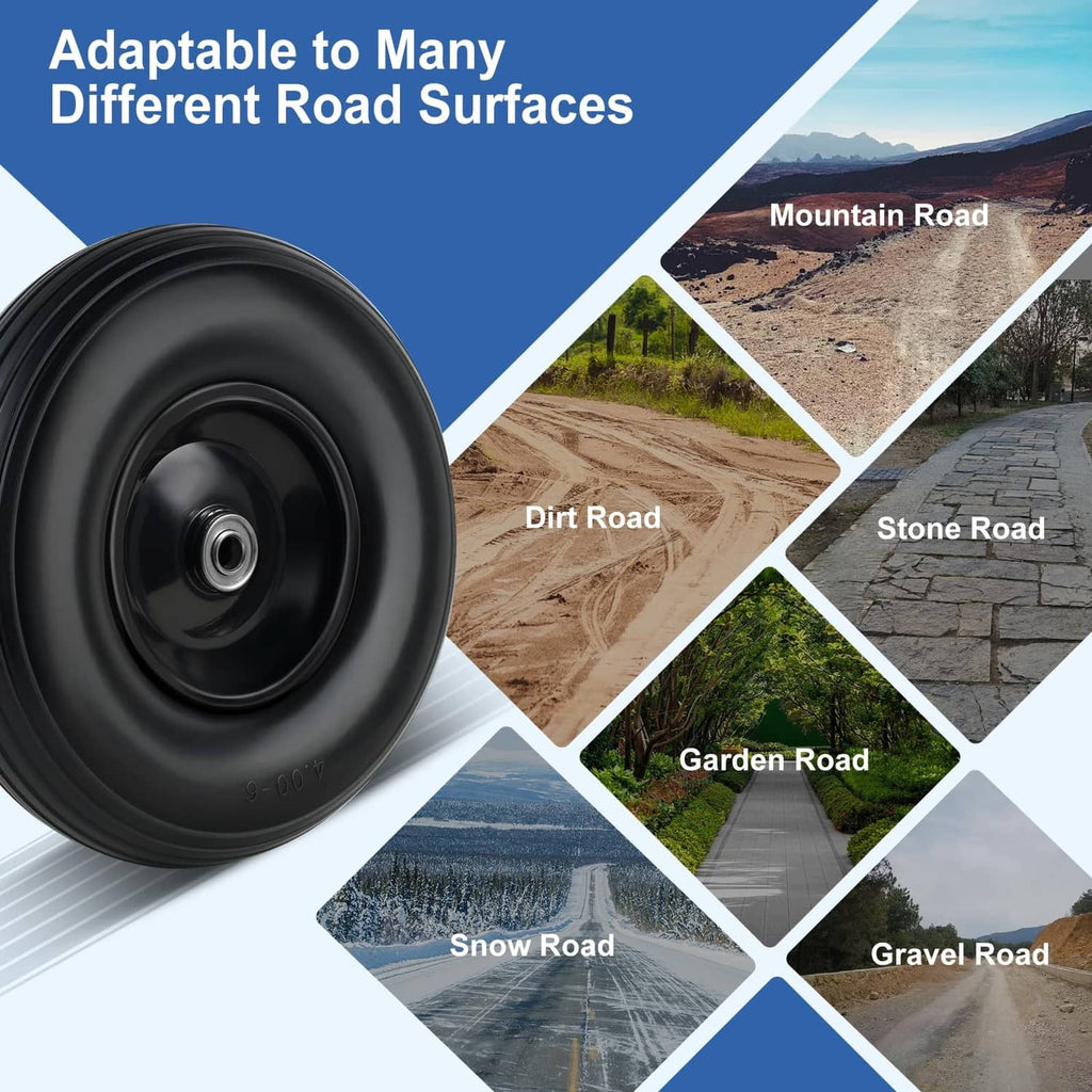 Black 13-inch flat-free tire for dirt, gravel, stone, and snow road use