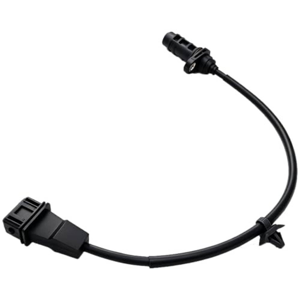 Crankshaft position sensor with two black connectors and curved wire lead