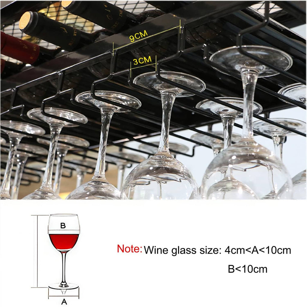 Ceiling wine glass rack with curved glass holders, close-up with size diagram