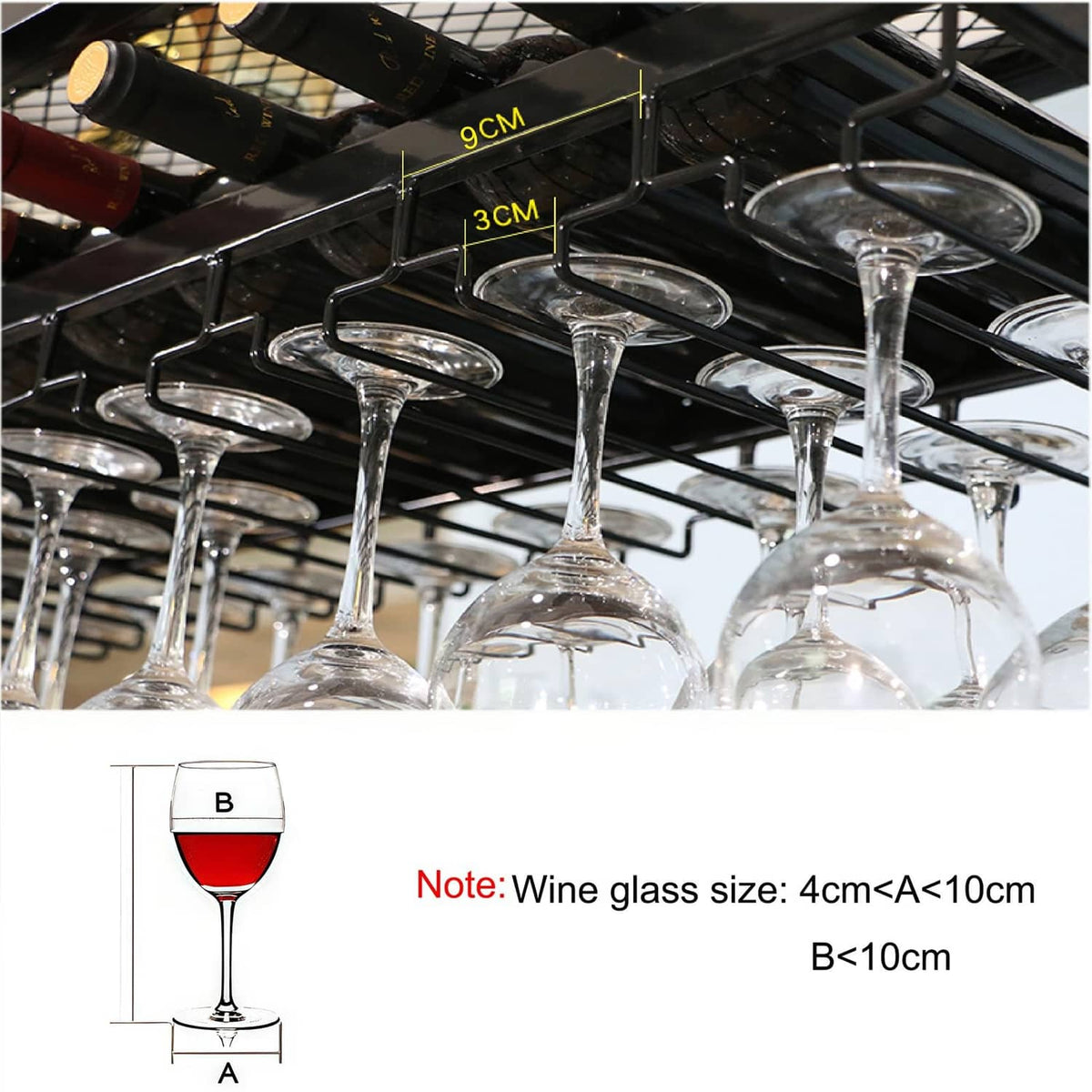 Ceiling wine glass rack with curved glass holders, close-up with size diagram