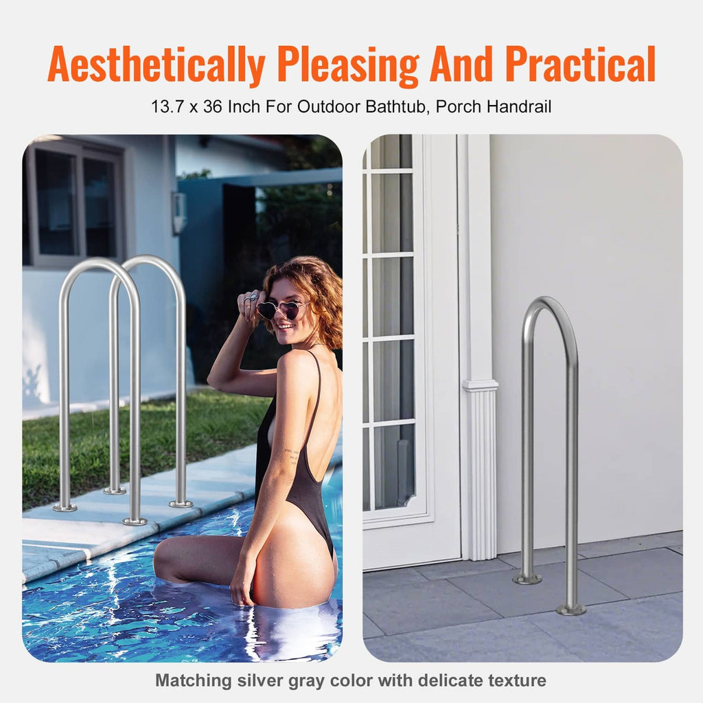 Pair of silver-gray aluminum handrails with curved U-shape for outdoor bathtub or porch