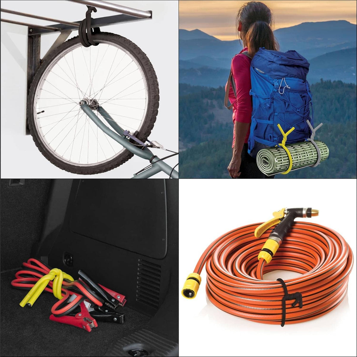 Coiled reusable tie straps with yellow connector, orange loop bundle