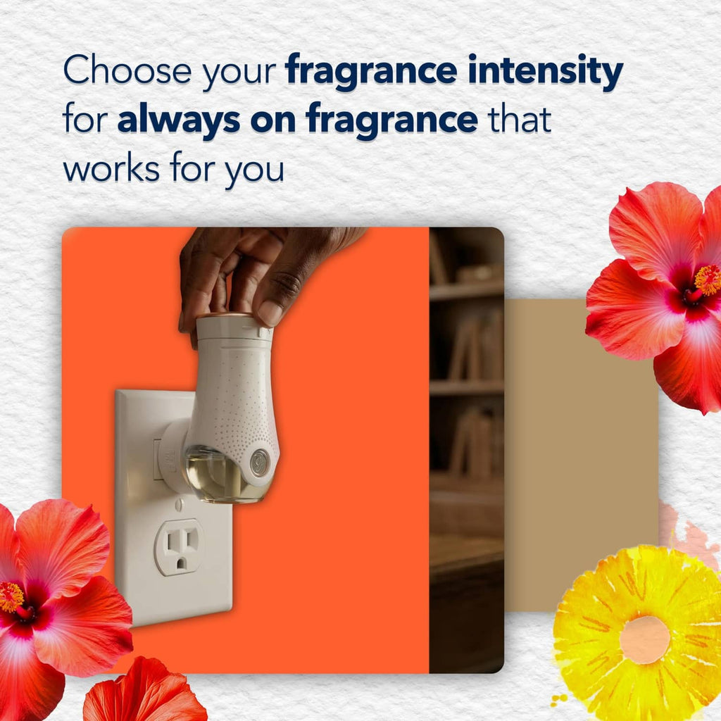 Plug-in warmer graphic showing fragrance intensity control on wall outlet