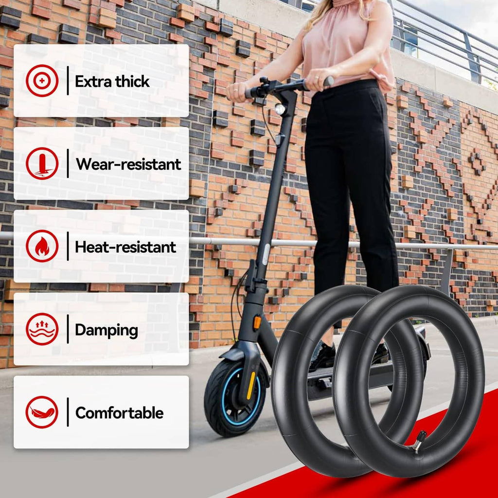 Thick black 10-inch inner tube with presta valve, two loop tubes shown