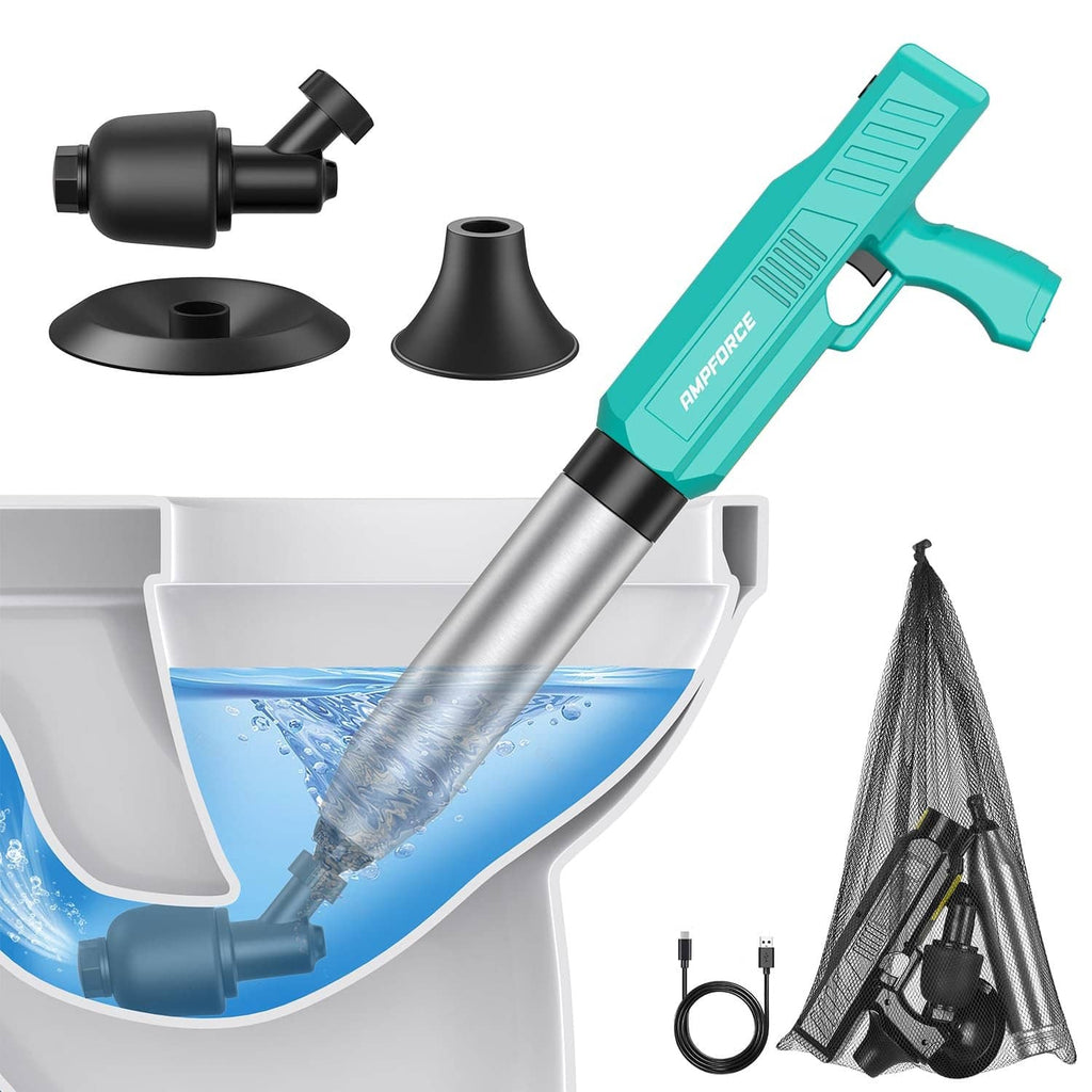 Mint green electric toilet plunger with metal shaft and black nozzle head