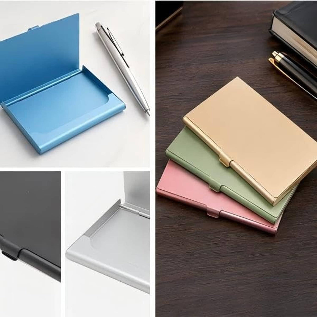 Gold aluminum business card holder, slim profile with snap-closure, shown closed