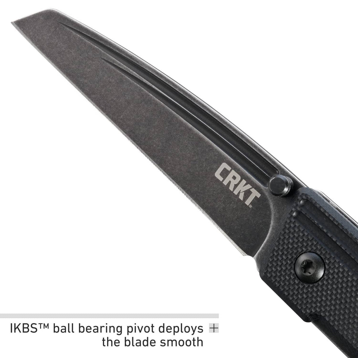 CRKT Inara folding knife close-up, gray blade and black textured G10 grip