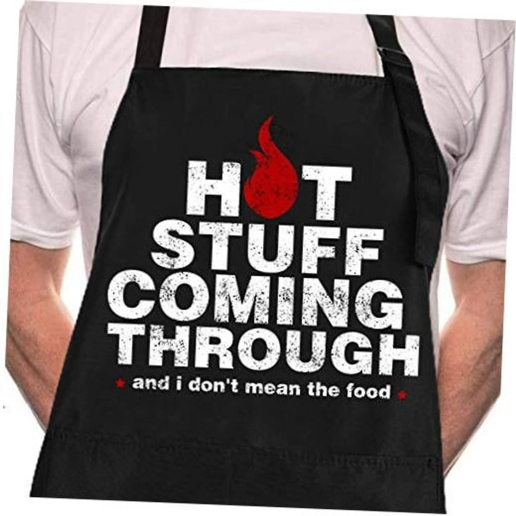 Black chef apron with “HOT STUFF COMING THROUGH” slogan and red flame graphic