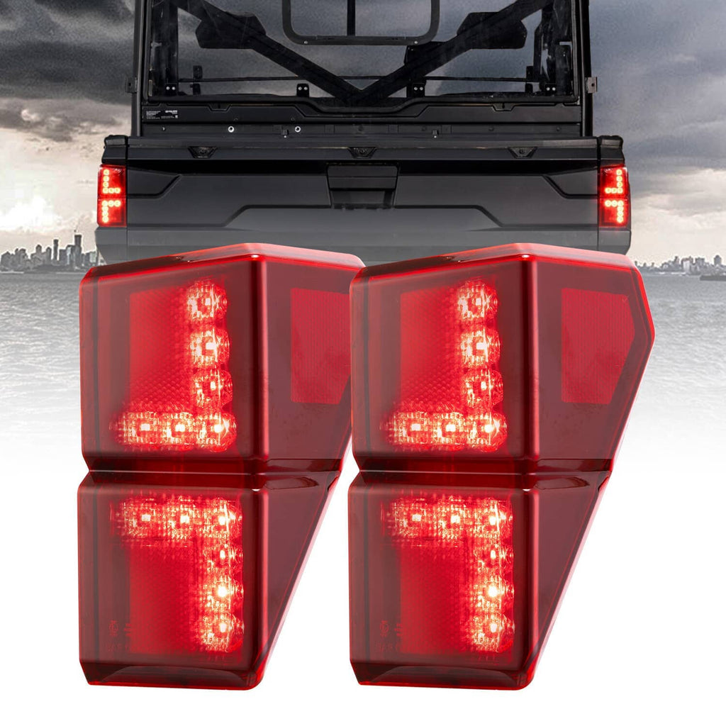 Pair of red LED rear tail lights with rectangular smoked housings, illuminated