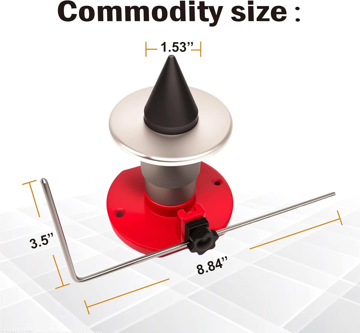 Magnetic blade balancer with red base and silver cone, with overall size proportions
