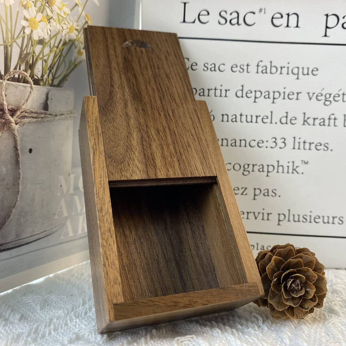 Small wooden gift box with sliding lid, upright open frame