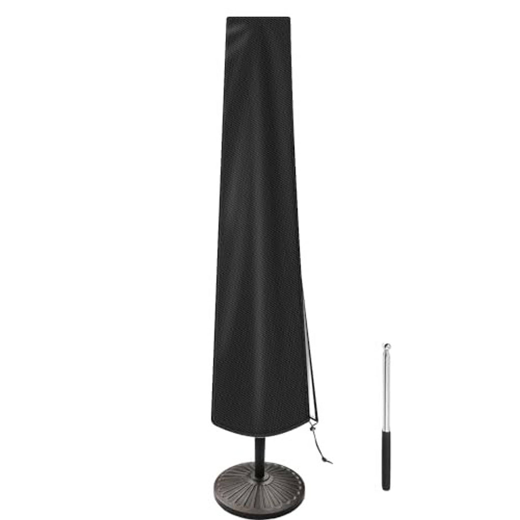 Black outdoor patio umbrella cover standing cone shape with tie cord and base opening