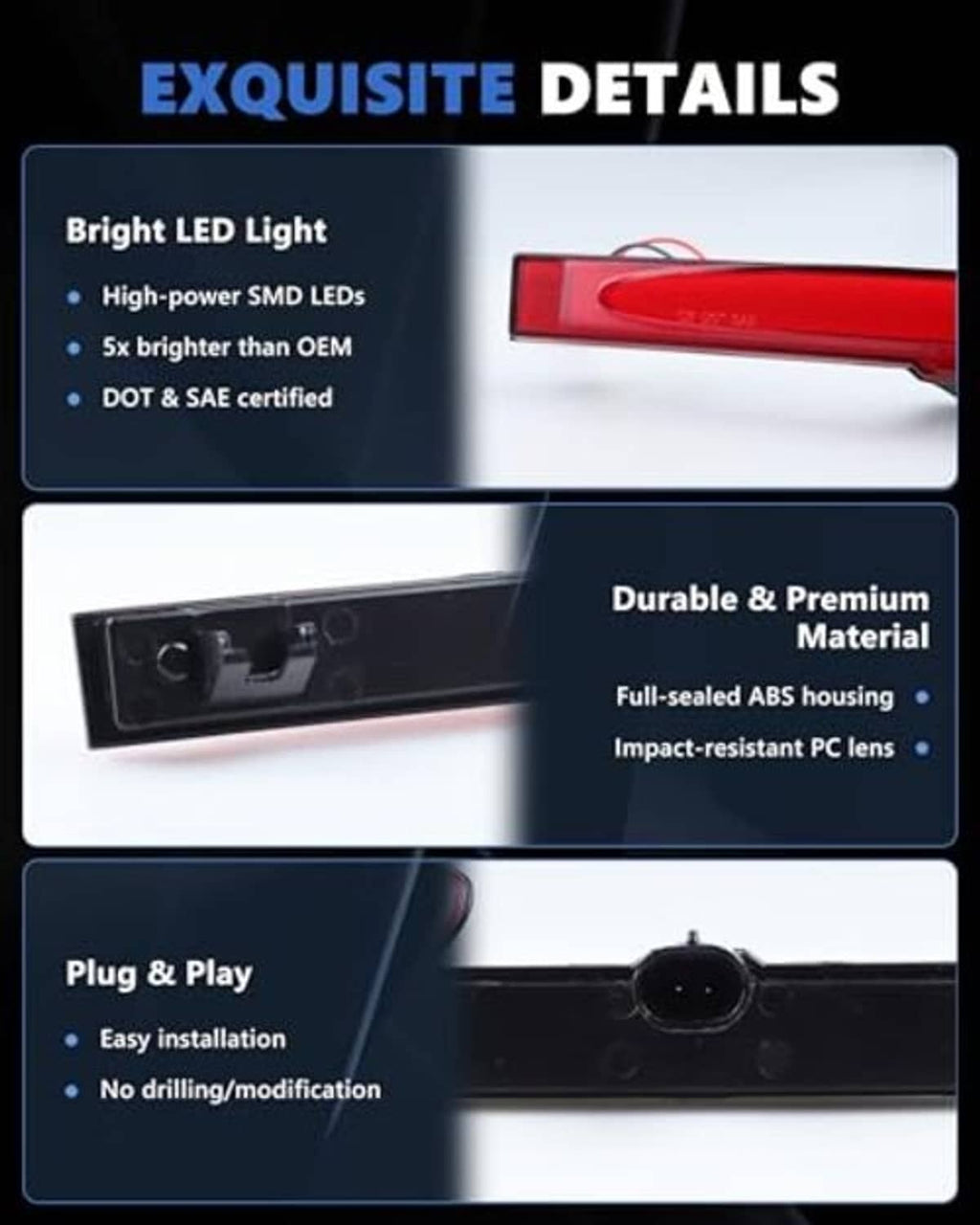 LED third brake light with sealed ABS housing and clear outer lens
