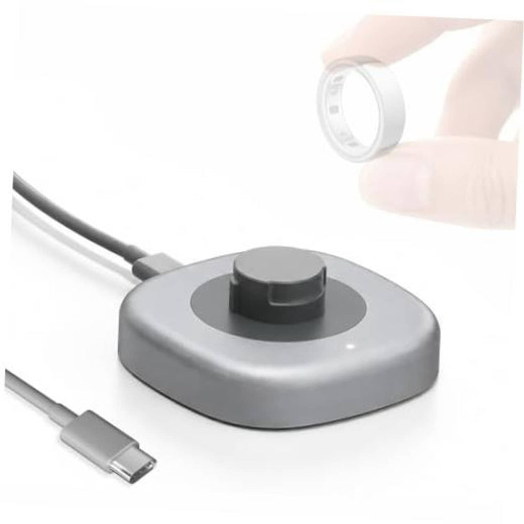 Dark gray smart ring charging dock with central contact and attached charging cable