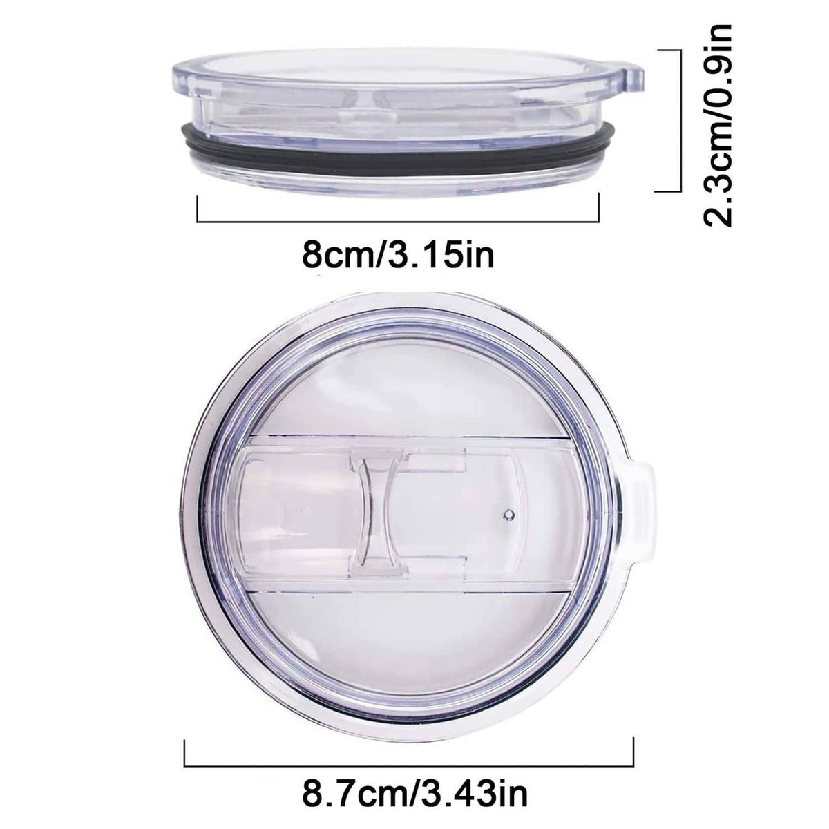 Clear replacement tumbler lid, round with black edge and snap-on handle, 8.7cm size