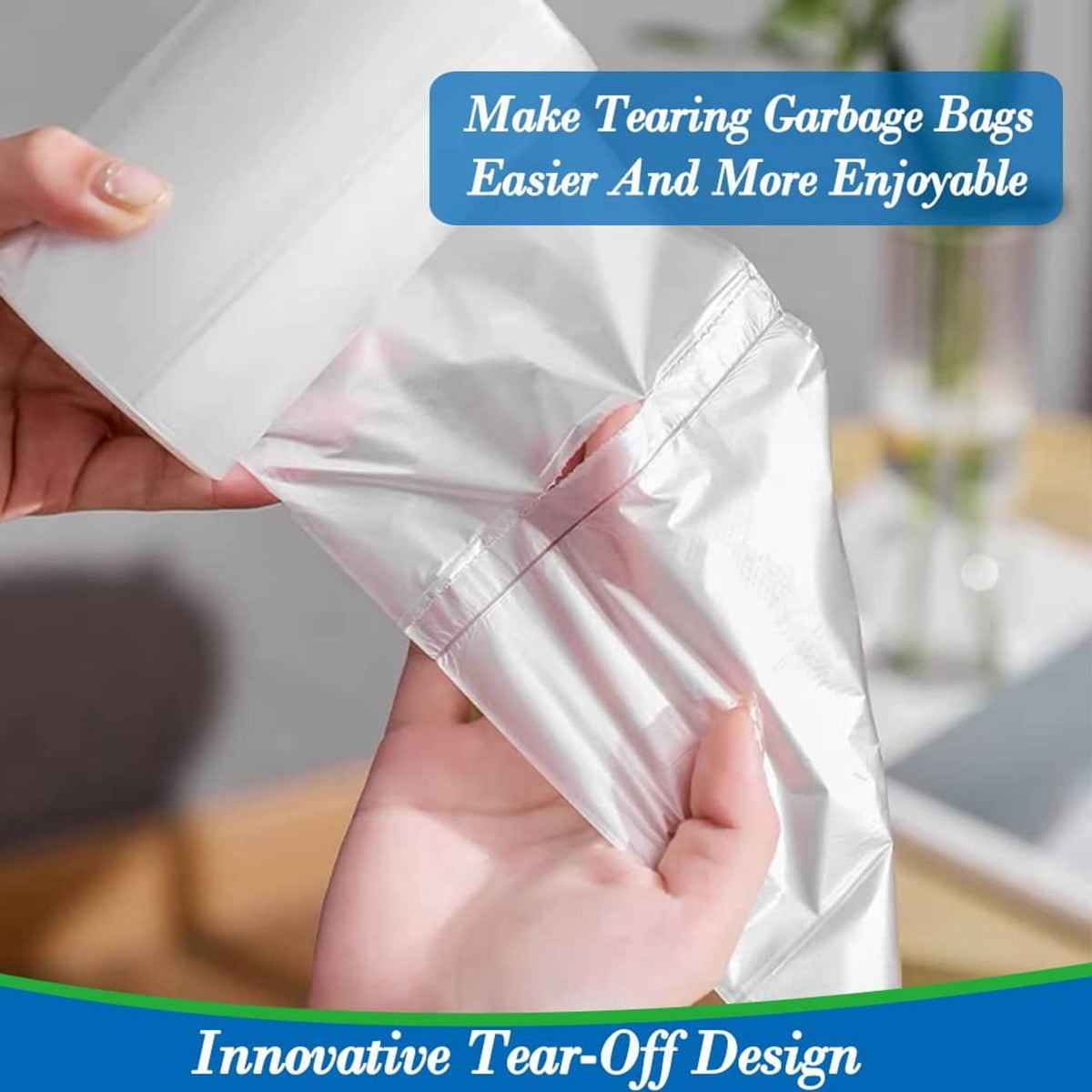Clear trash bag liners with tear-off design for easy separation