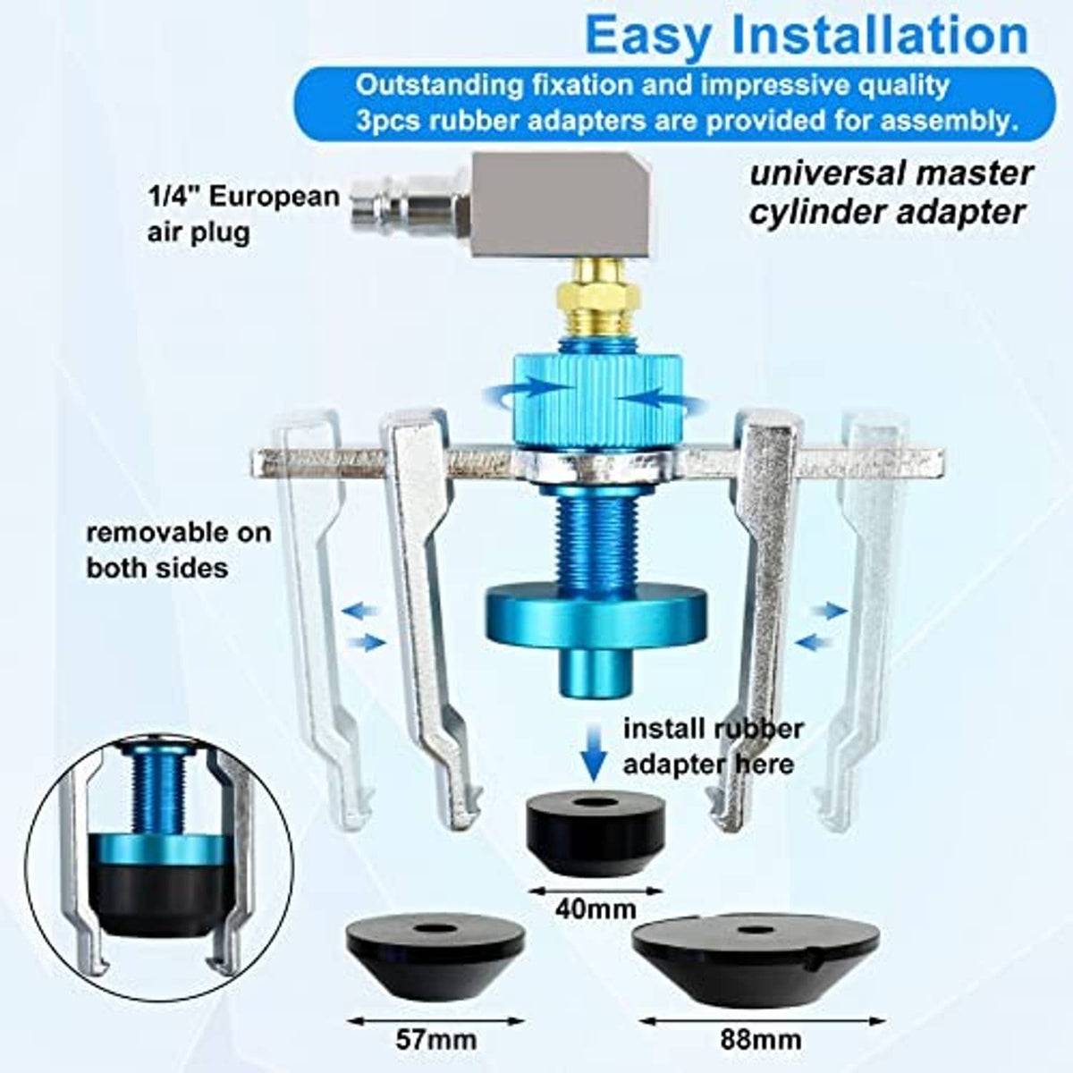 Universal master cylinder adapter with 1/4 air plug and rubber adapter pieces