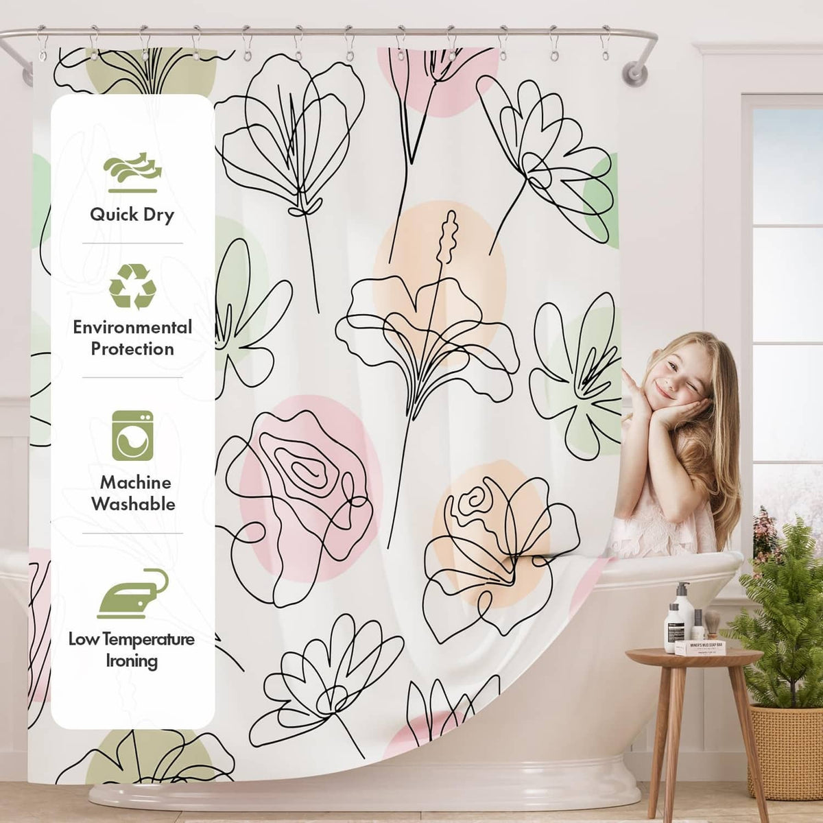Floral shower curtain on a rod with white fabric and pastel bloom line drawings