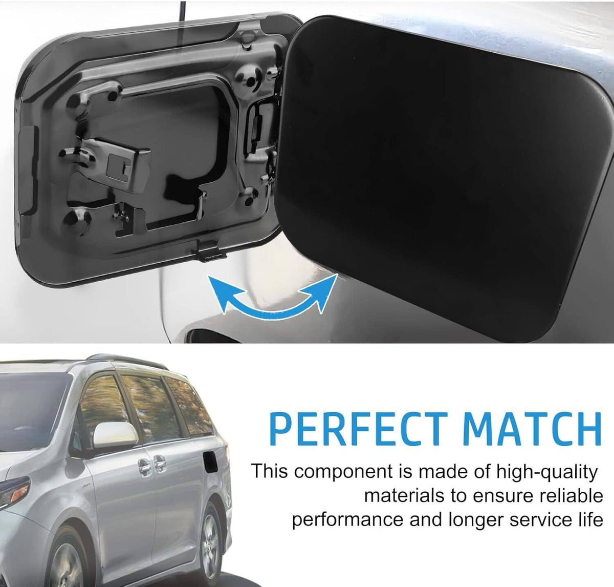 Black fuel lid cover with open inner frame and latch mechanism