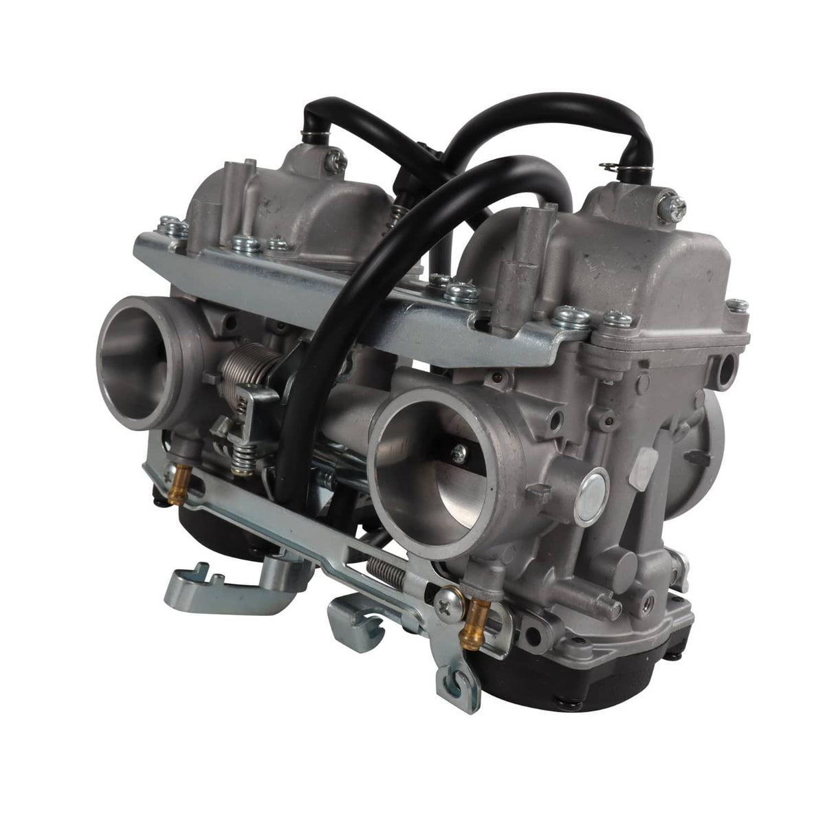 Carburetor unit with dual air inlets, black hoses, and side-mounted hardware