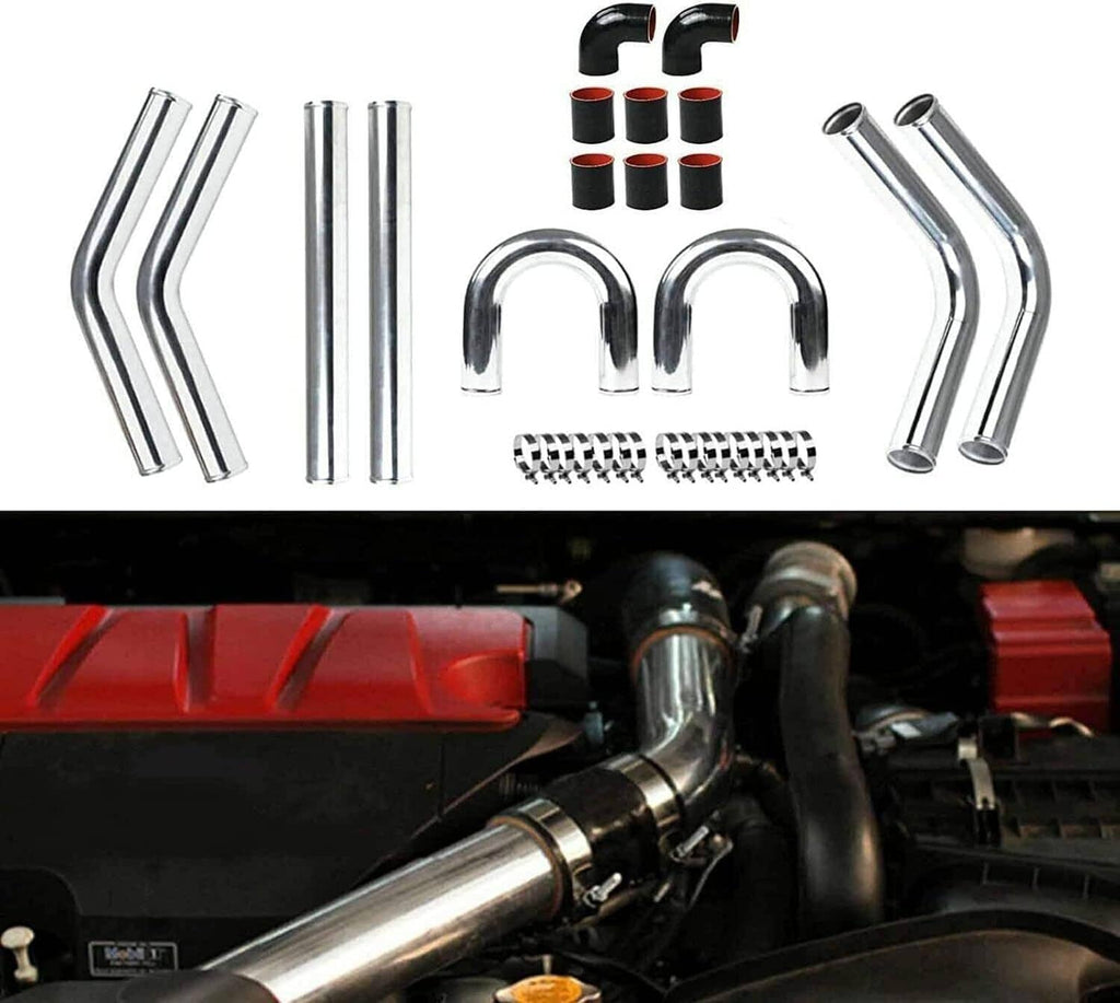 Intercooler pipe and hose kit with chrome tubes, black hoses, and metal clamps