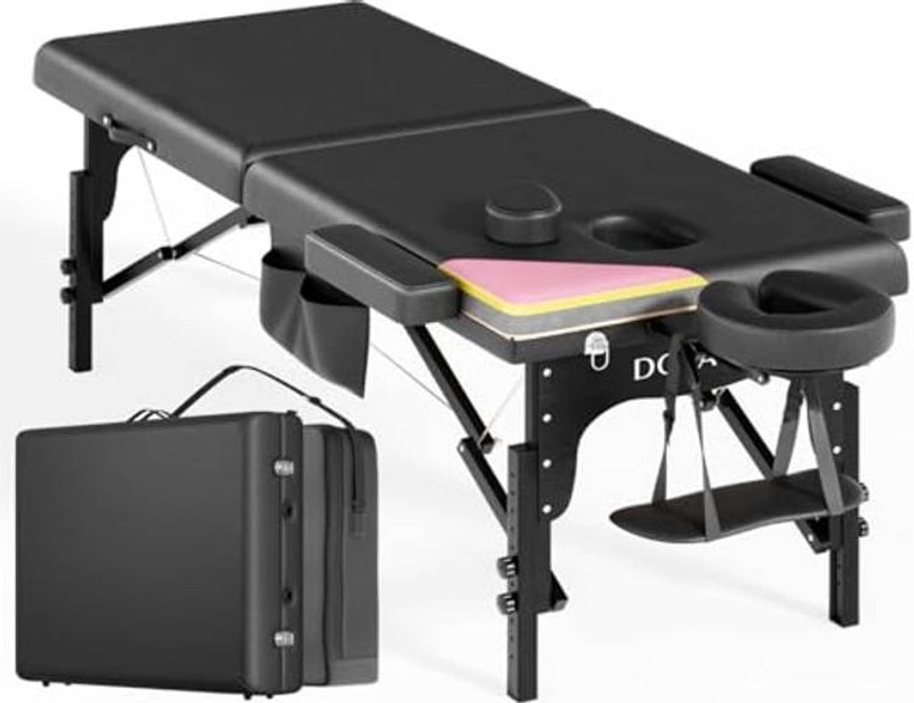 Portable 2-fold massage table with black padded top, face cradle, armrests, and side carry case