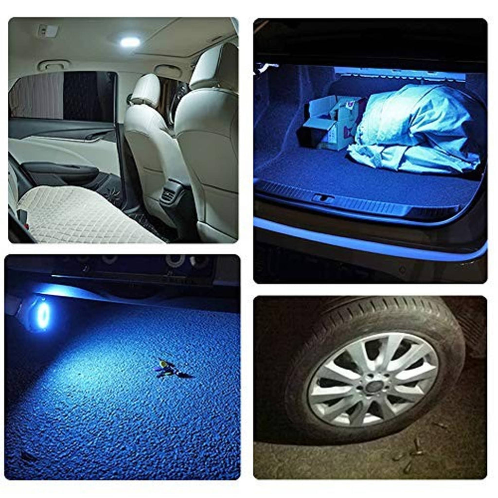Blue LED car interior lighting highlighting trunk floor and nearby surfaces