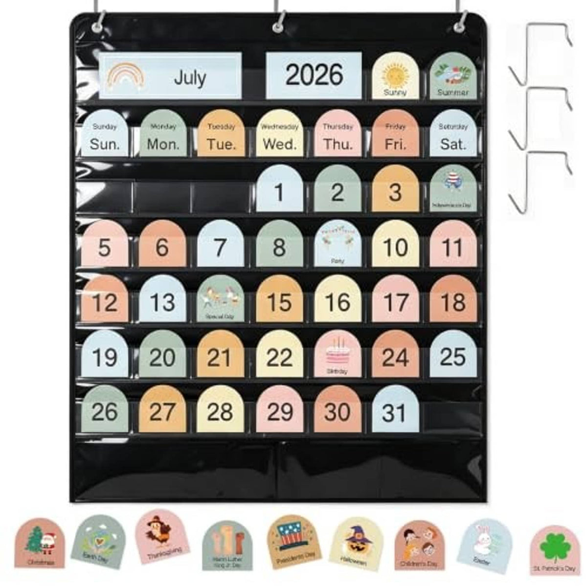 Hanging black 45-pocket calendar chart with July 2026 header, dates, and insert card pieces