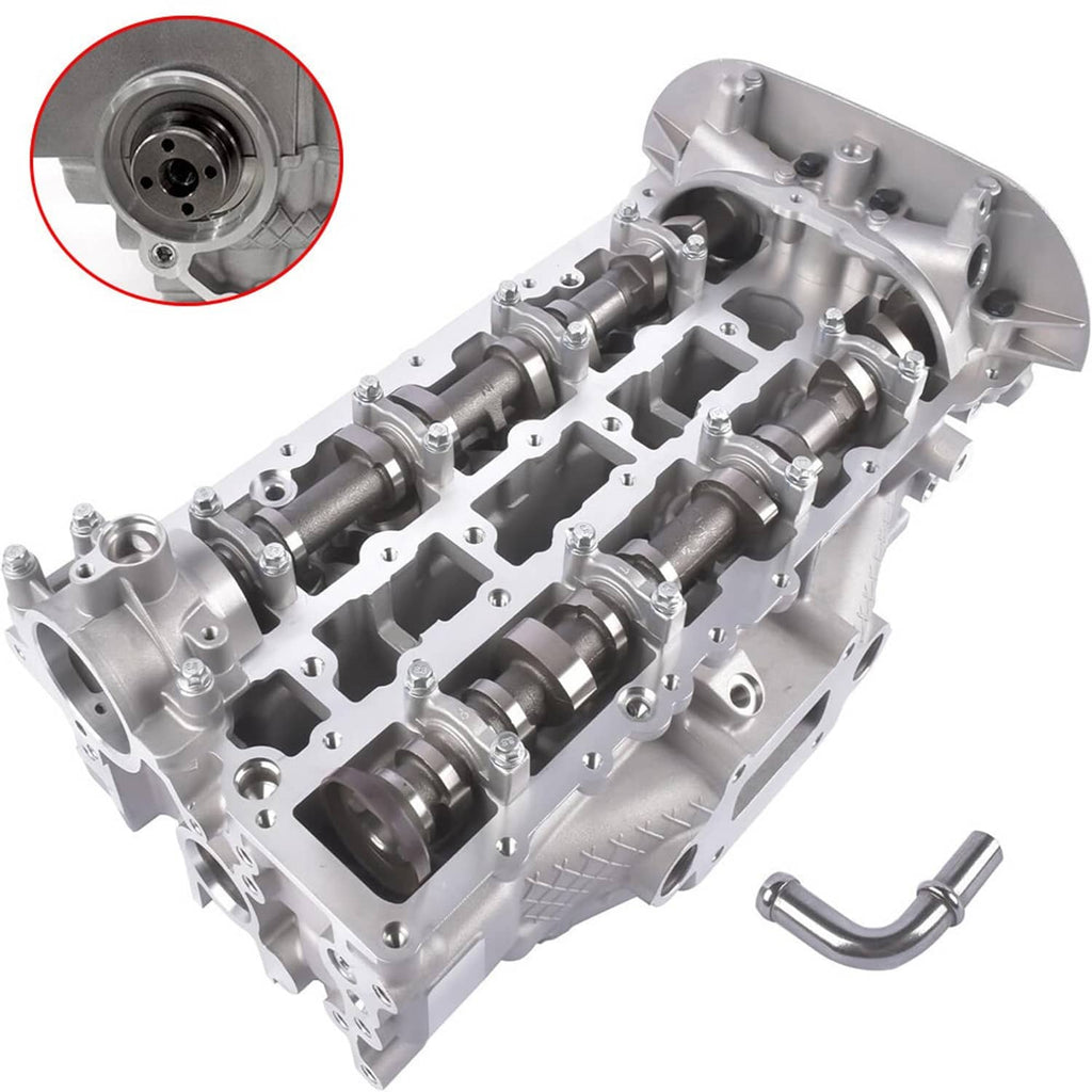 Engine cylinder head assembly angled view with front circular port and cam hardware