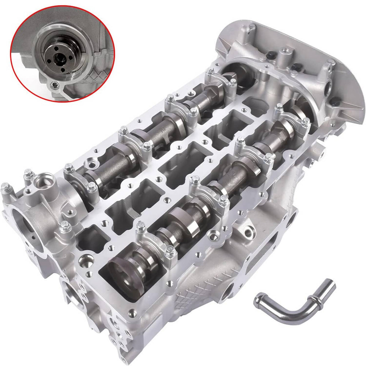 Engine cylinder head assembly angled view with front circular port and cam hardware