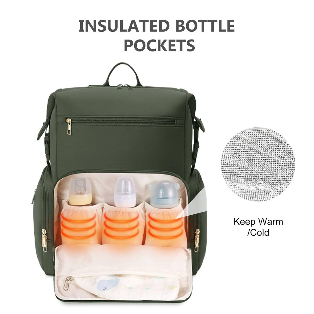 Green diaper bag backpack open to reveal insulated bottle pockets with warm/cool storage.