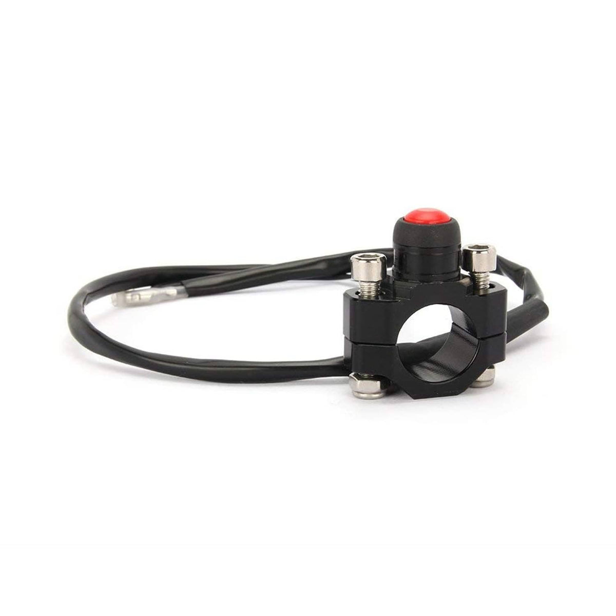 Black CNC kill switch with red button, clamp base, and attached wire leads