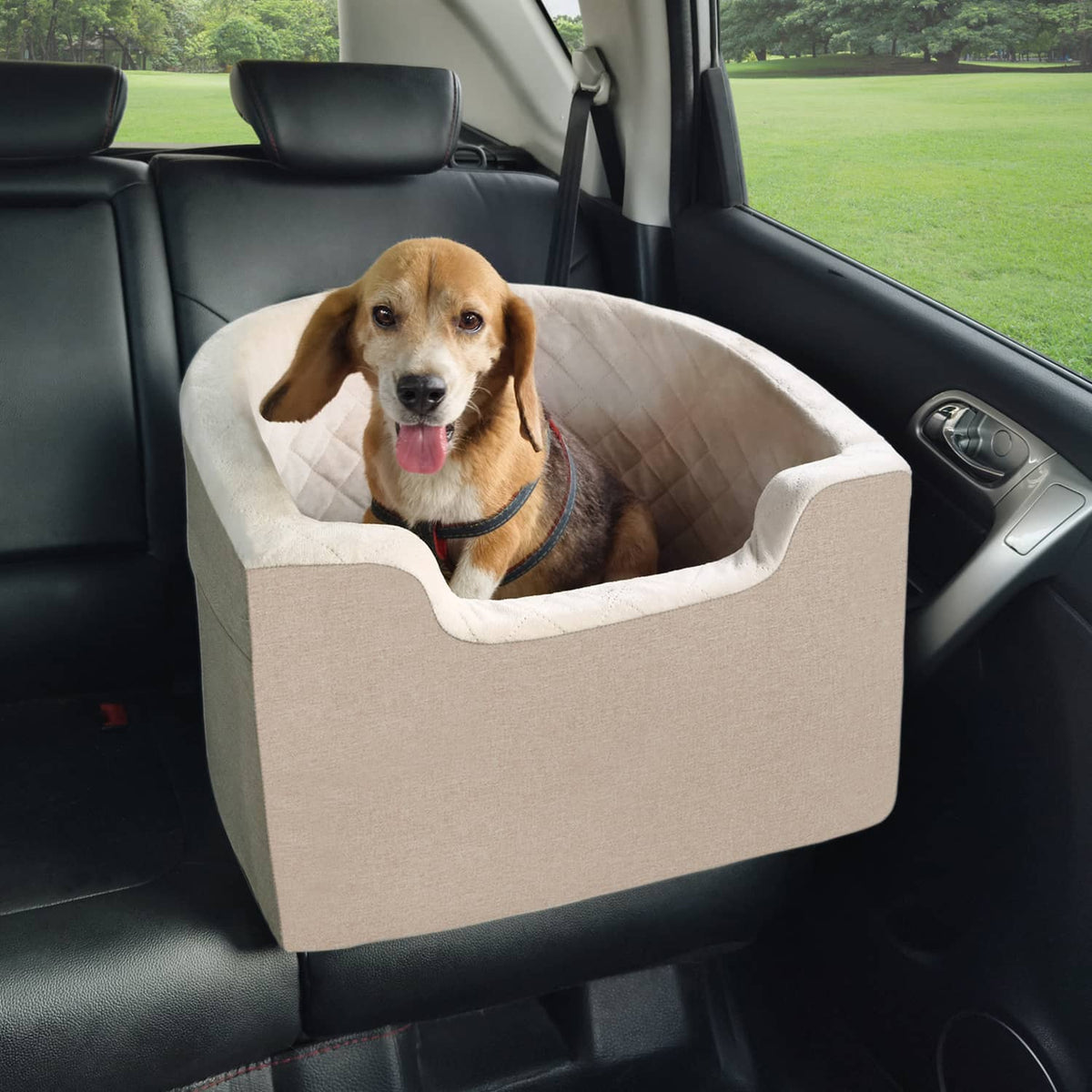 Brown pet booster car seat for dogs with quilted inner cushion and sidewalls