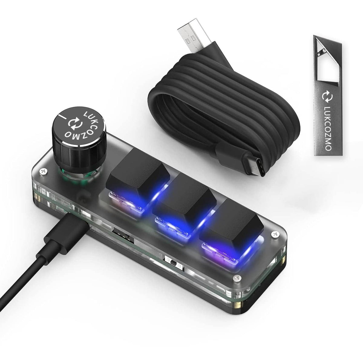 Black programmable macro keypad with 3 keys, blue backlight LEDs, and USB cable