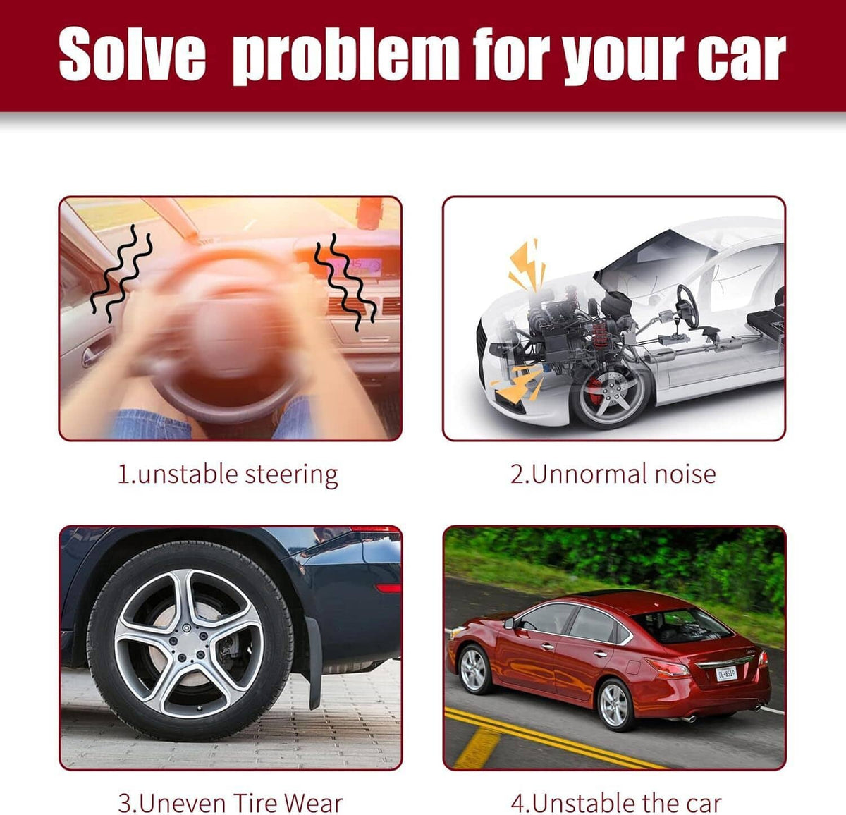 Suspension problem infographic with steering instability and uneven tire wear icons