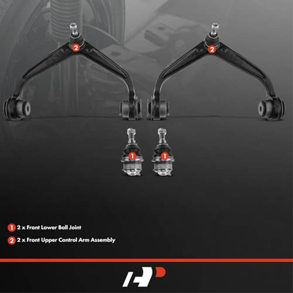 Front suspension control arms and ball joints, showing two upper assemblies and two joints