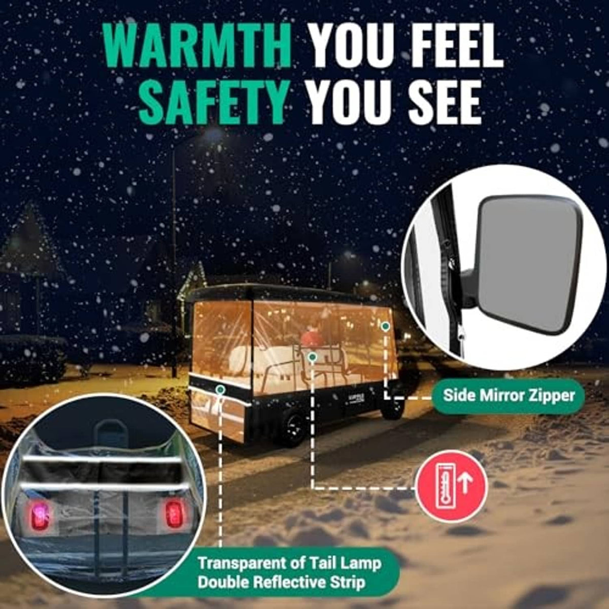 Golf cart rain cover with side mirror zipper and clear panel for visibility