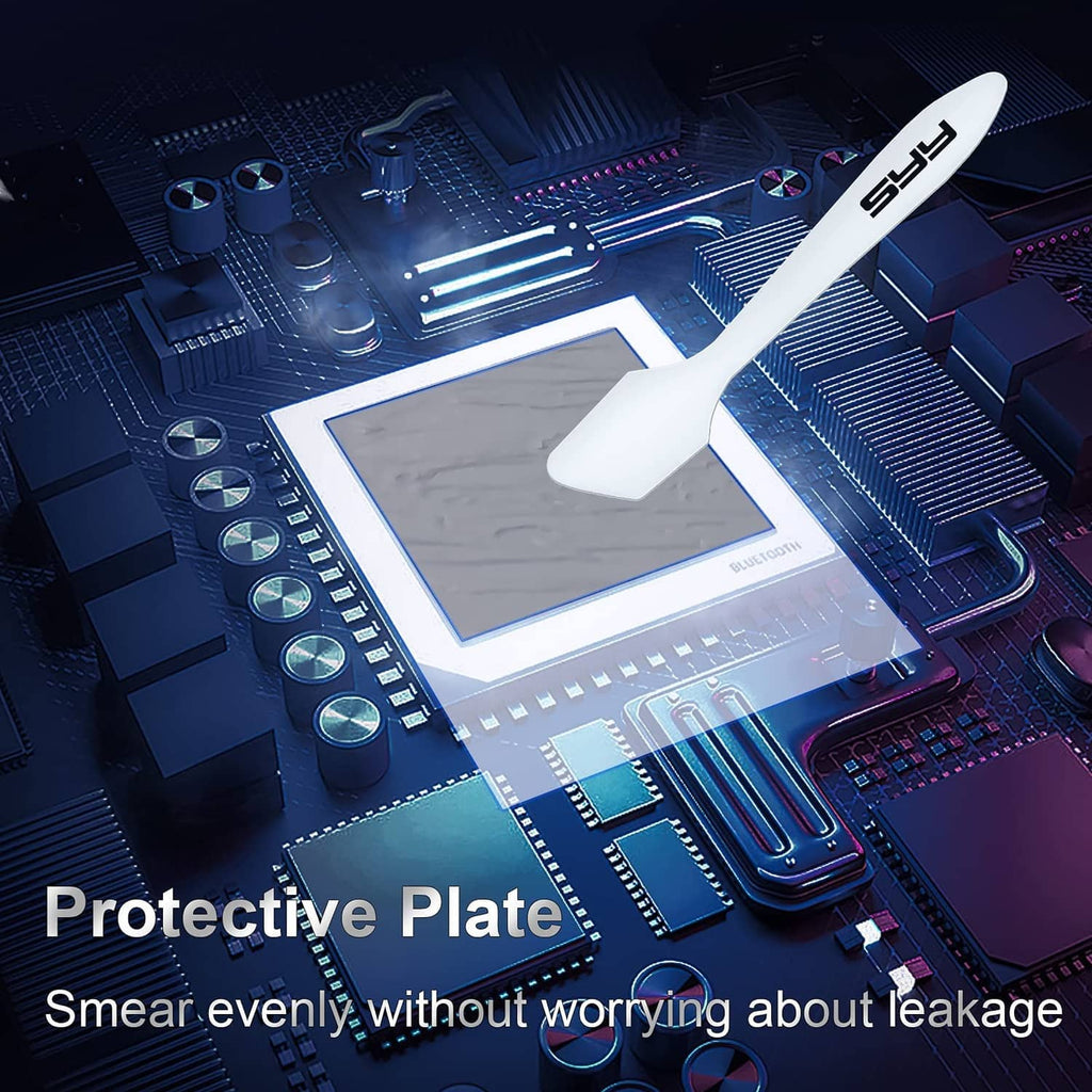 Thermal paste application on protective plate with spatula tool on CPU