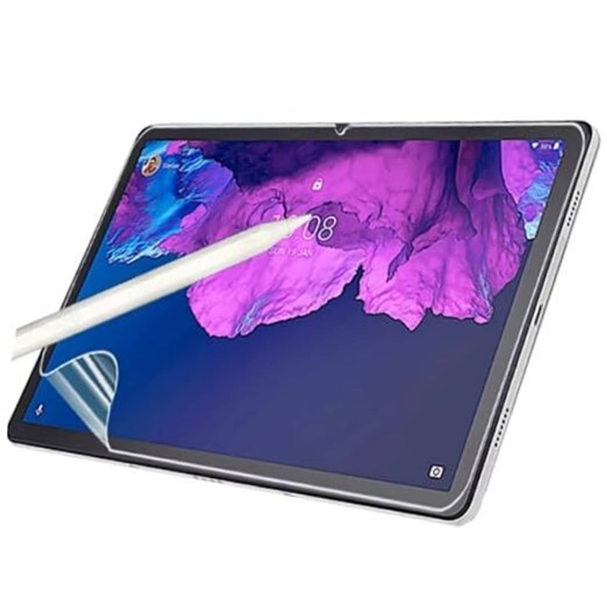 Tablet screen protector film with white alignment strip on 12.1-inch tablet display