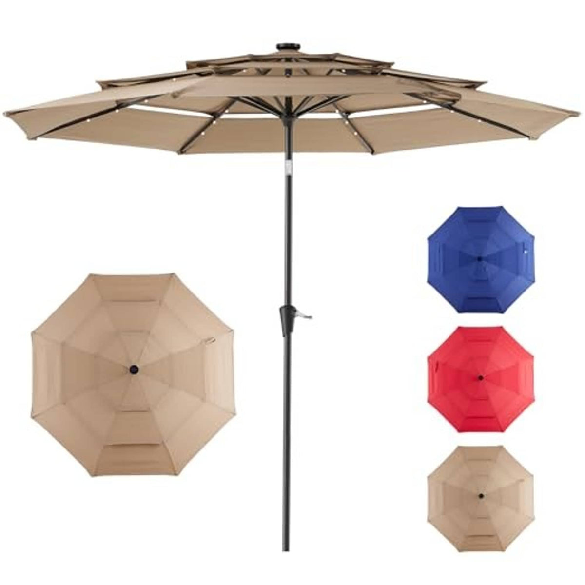 Beige solar patio umbrella with three-tier canopy and removable LED light caps