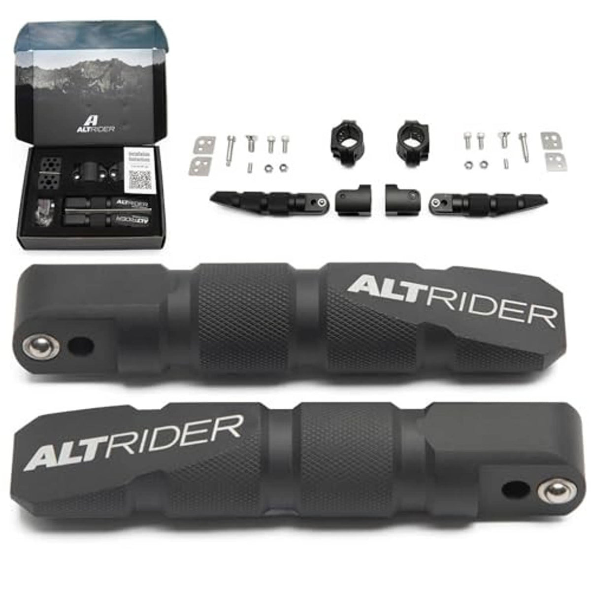 Black motorcycle highway peg set with textured grips and included brackets and bolts
