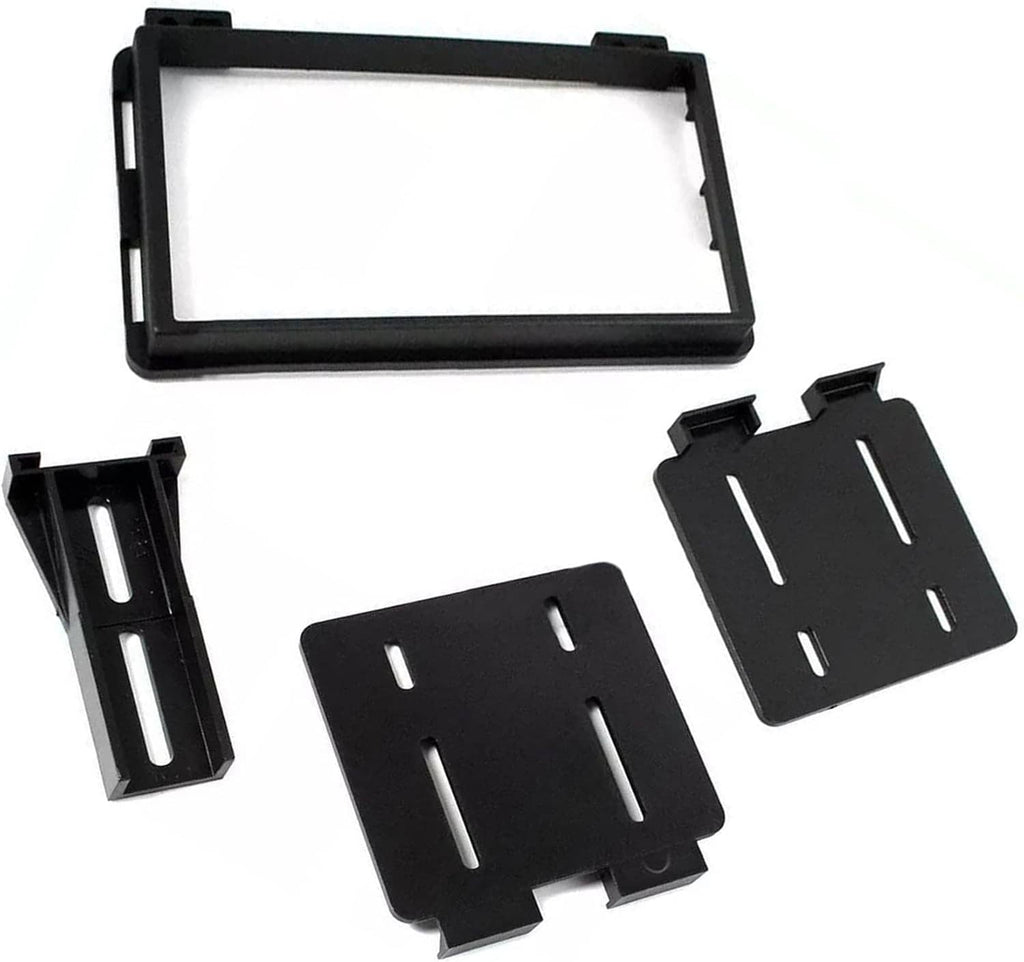 Black double DIN dash bezel frame with side brackets and support plates, set of parts