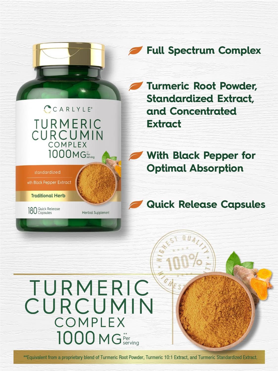 Carlyle turmeric curcumin complex 1000mg bottle with turmeric powder and capsules