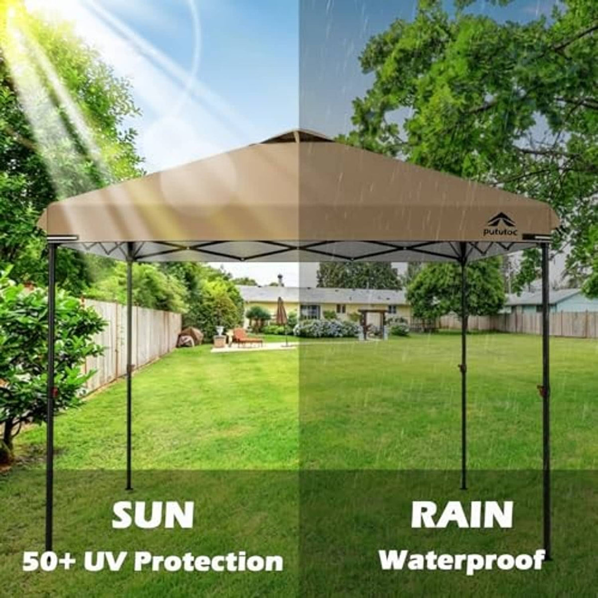 Khaki vented canopy top cover over backyard seating, providing sun and rain coverage