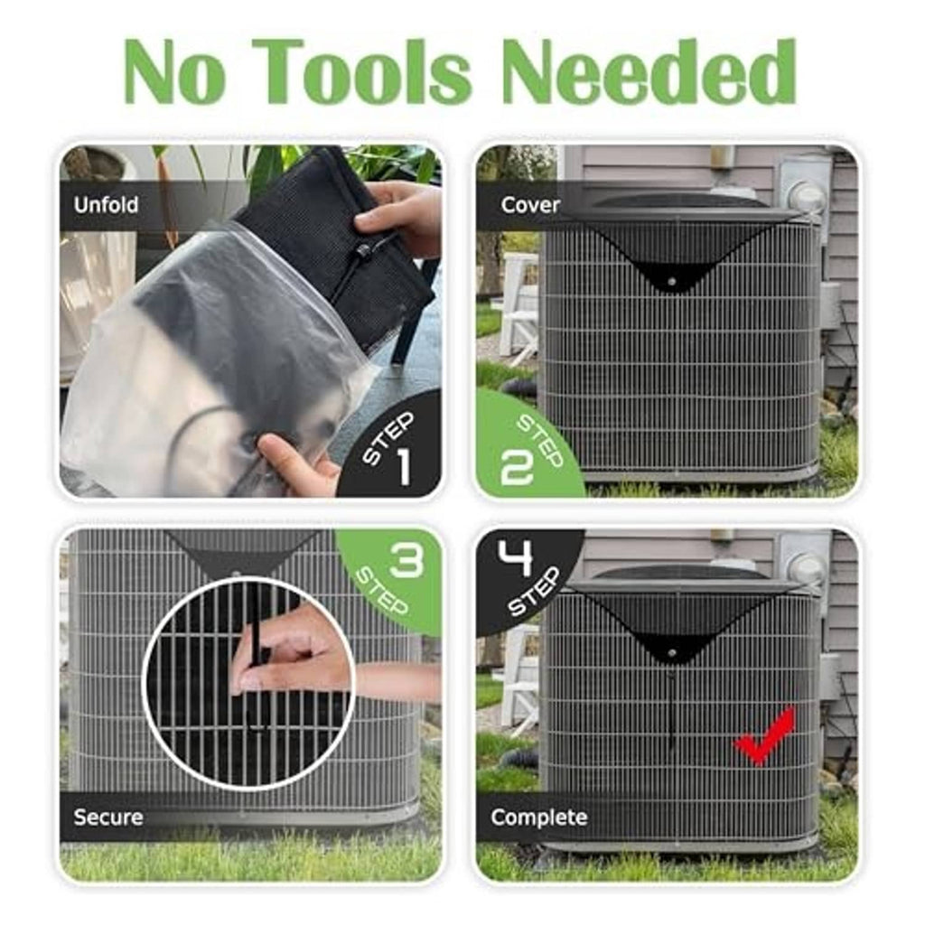 Outdoor AC unit mesh cover being installed over the condenser top using elastic straps.