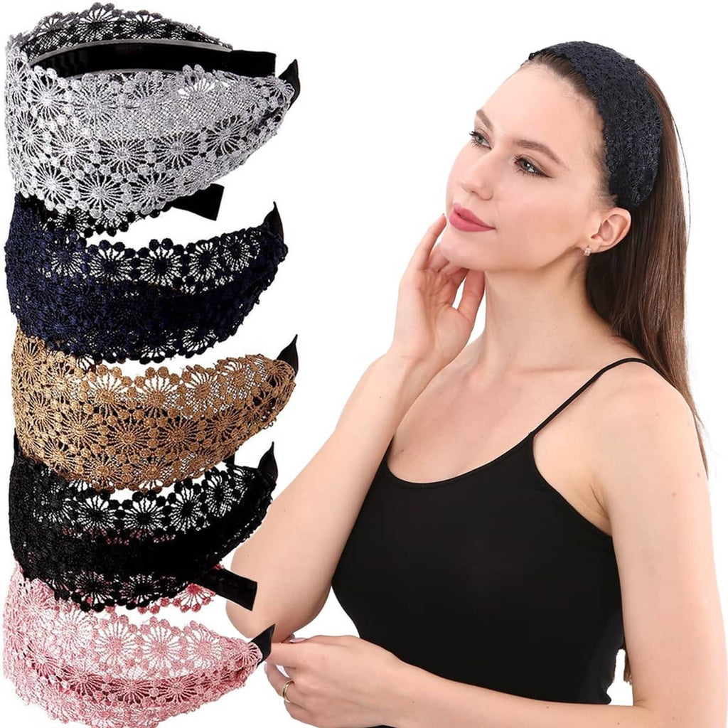 Lace headband set with floral pattern in white, navy, tan, black, and pink worn by model