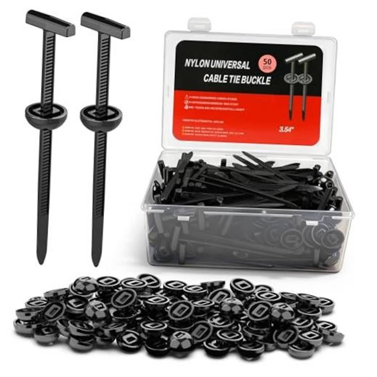 Black nylon cable ties with buckle, 50-piece set with clear storage case